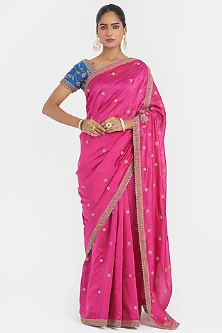 Fuchsia Silk Chanderi Sequins Embroidered Saree Set by Kora