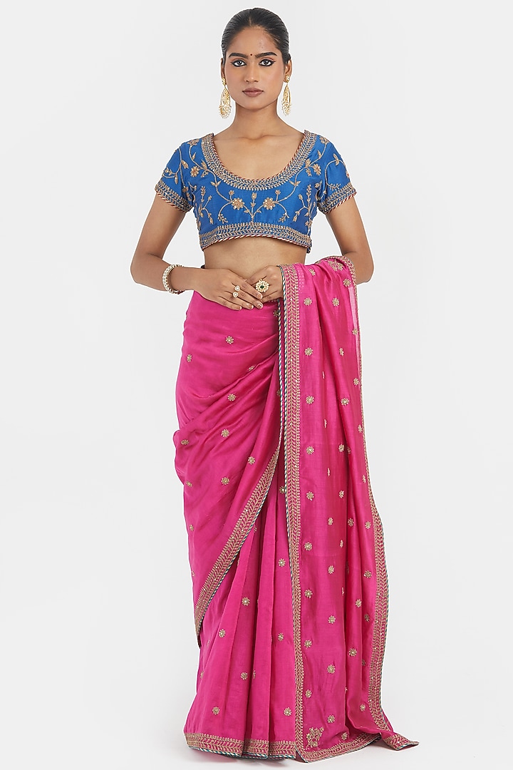 Fuchsia Silk Chanderi Sequins Embroidered Wedding Saree Set by Kora at Pernia's Pop Up Shop