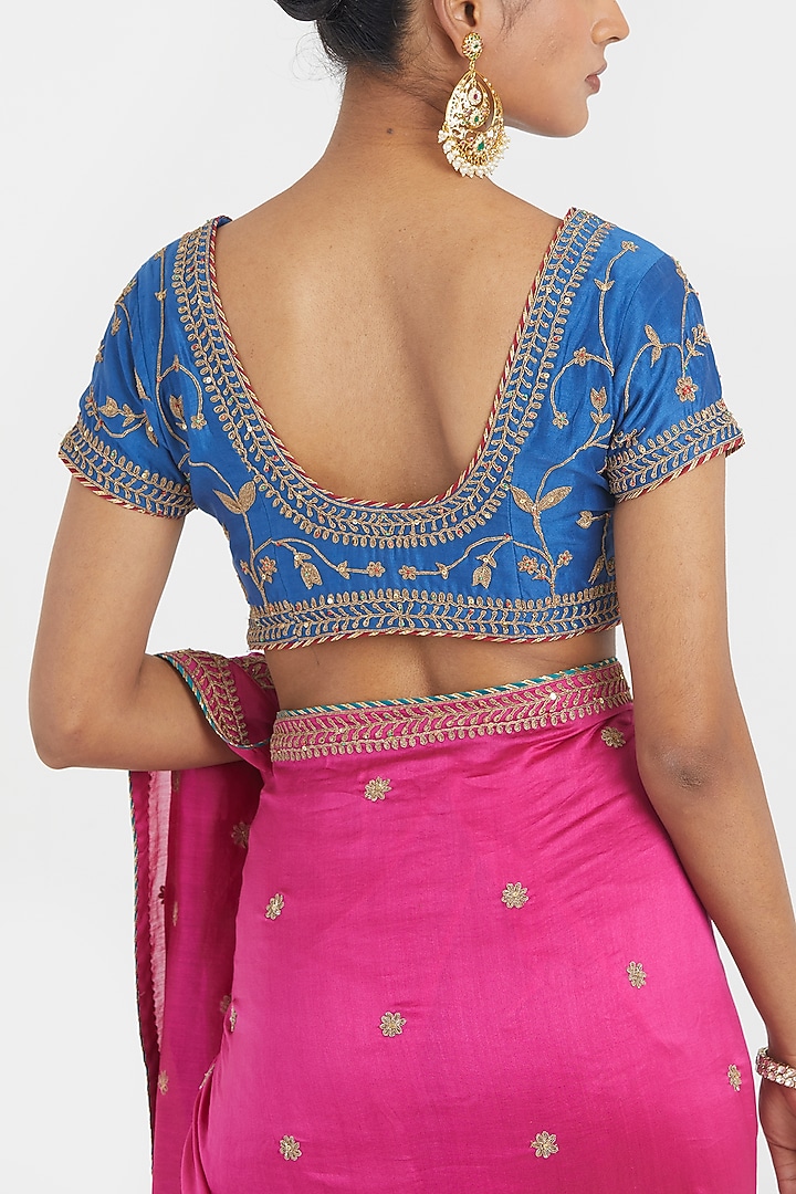 Fuchsia Silk Chanderi Sequins Embroidered Wedding Saree Set by Kora at Pernia's Pop Up Shop