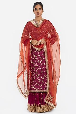 Fuchsia Silk Organza Dori Embroidered Dupatta by Kora