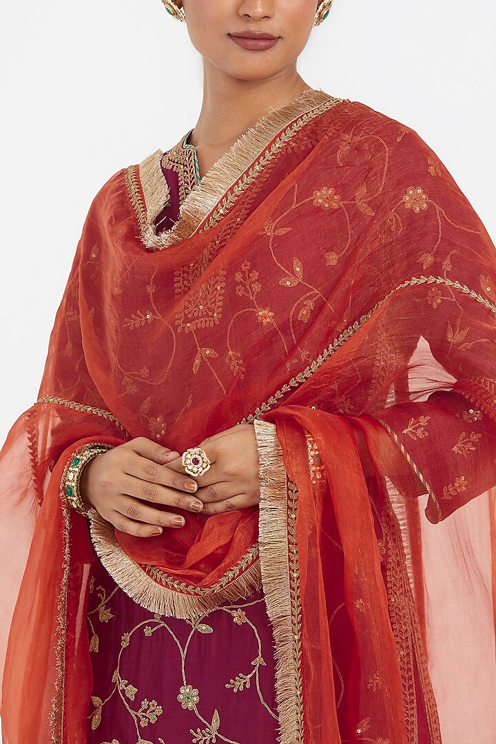 Fuchsia Silk Organza Dori Embroidered Dupatta by Kora at Pernia's Pop Up Shop