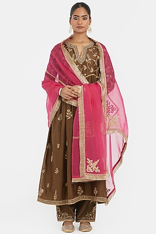 Orange Silk Organza Dori Embroidered Dupatta by Kora