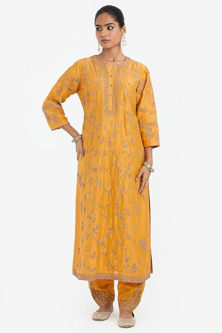 Deep Yellow Silk Chanderi Dori Jaal Embroidered Kurta by Kora at Pernia's Pop Up Shop