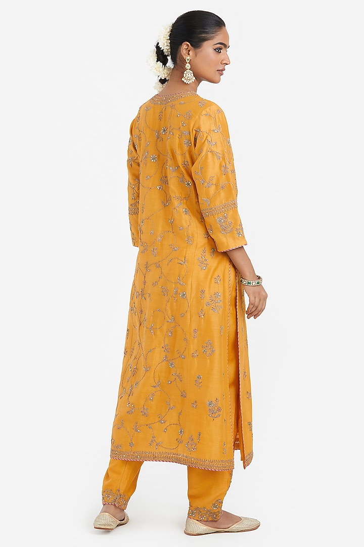 Deep Yellow Silk Chanderi Dori Jaal Embroidered Kurta by Kora at Pernia's Pop Up Shop