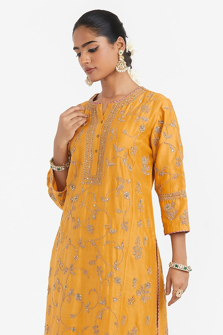 Deep Yellow Silk Chanderi Dori Jaal Embroidered Kurta by Kora at Pernia's Pop Up Shop