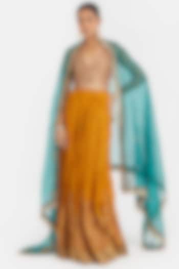 Teal Green Silk Organza Dori Embroidered Dupatta by Kora at Pernia's Pop Up Shop