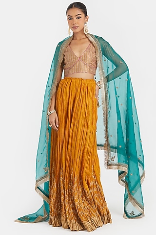 Teal Green Silk Organza Dori Embroidered Dupatta by Kora