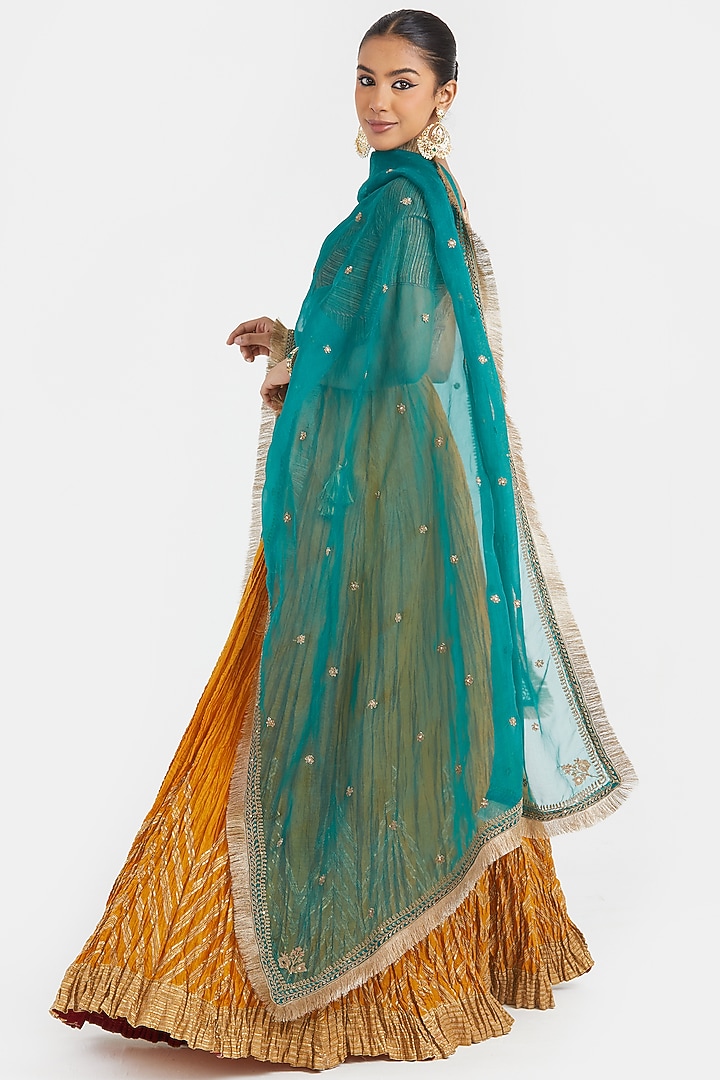 Teal Green Silk Organza Dori Embroidered Dupatta by Kora at Pernia's Pop Up Shop