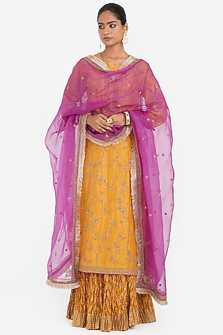Purple Silk Organza Dori Embroidered Dupatta by Kora