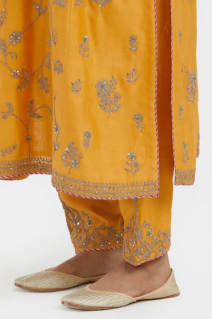 Deep Yellow Silk Chanderi Dori Jaal Embroidered Kurta Set by Kora at Pernia's Pop Up Shop
