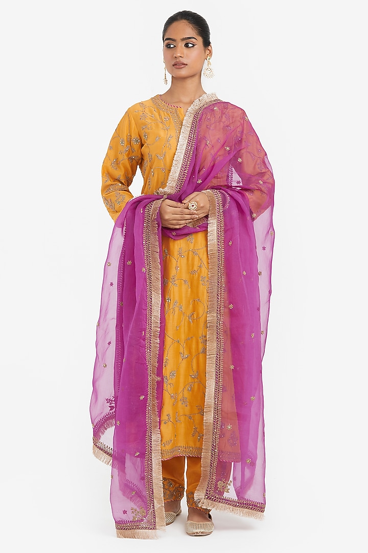 Deep Yellow Silk Chanderi Dori Jaal Embroidered Kurta Set by Kora at Pernia's Pop Up Shop