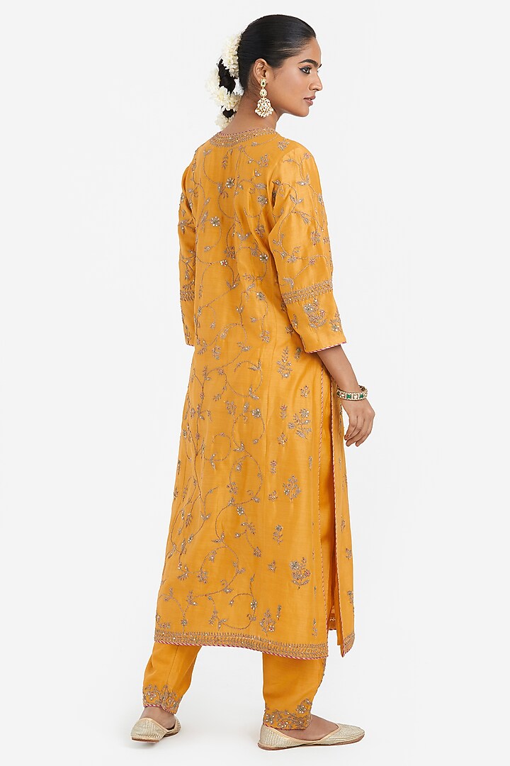Deep Yellow Silk Chanderi Dori Jaal Embroidered Kurta Set by Kora at Pernia's Pop Up Shop