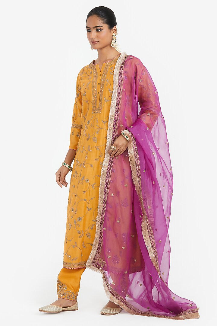 Deep Yellow Silk Chanderi Dori Jaal Embroidered Kurta Set by Kora at Pernia's Pop Up Shop