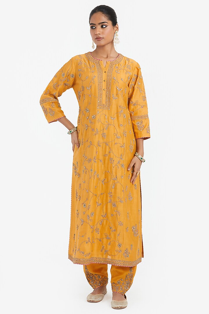 Deep Yellow Silk Chanderi Dori Jaal Embroidered Kurta Set by Kora at Pernia's Pop Up Shop