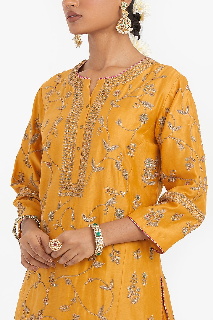 Deep Yellow Silk Chanderi Jaal Embroidered Kurta by Kora at Pernia's Pop Up Shop