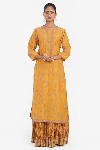 Deep Yellow Silk Chanderi Lehenga Set by Kora