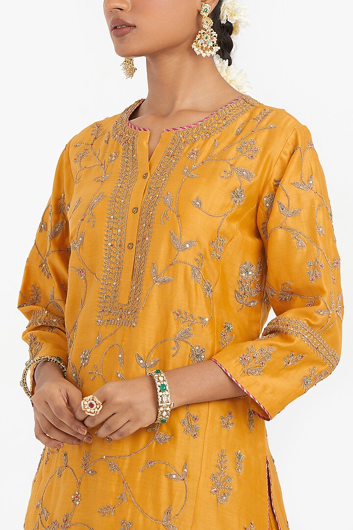 Deep Yellow Silk Chanderi Wedding Lehenga Set by Kora at Pernia's Pop Up Shop