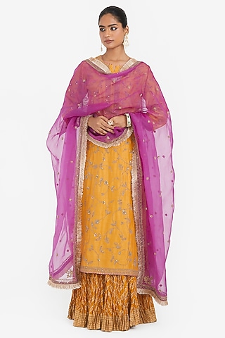 Deep Yellow Silk Chanderi Lehenga Set by Kora