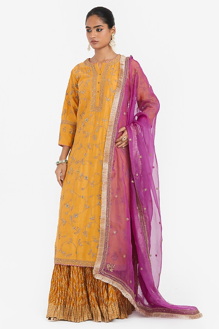 Deep Yellow Silk Chanderi Wedding Lehenga Set by Kora at Pernia's Pop Up Shop