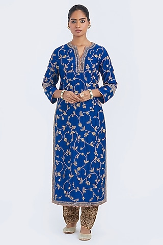 Chelsea Blue Silk Chanderi Jaal Embroidered Kurta by Kora