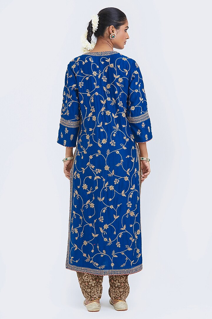 Chelsea Blue Silk Chanderi Jaal Embroidered Kurta by Kora at Pernia's Pop Up Shop