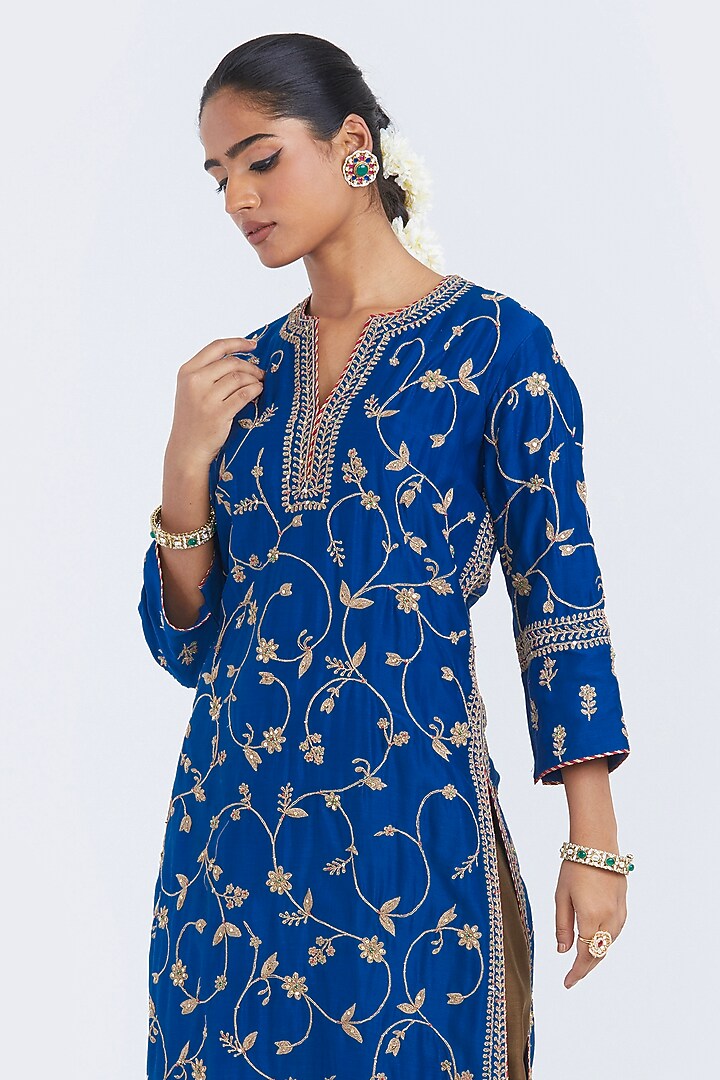 Chelsea Blue Silk Chanderi Jaal Embroidered Kurta by Kora at Pernia's Pop Up Shop