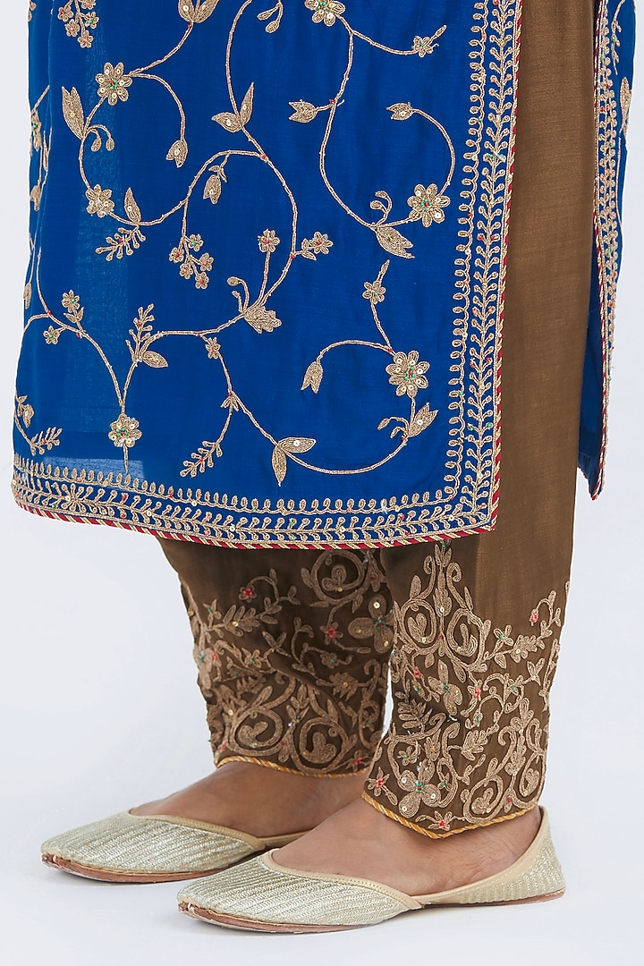 Chelsea Blue Silk Chanderi Jaal Embroidered Kurta Set by Kora at Pernia's Pop Up Shop