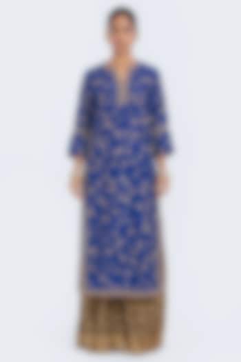 Chelsea Blue Silk Chanderi Jaal Embroidered Kurta by Kora at Pernia's Pop Up Shop