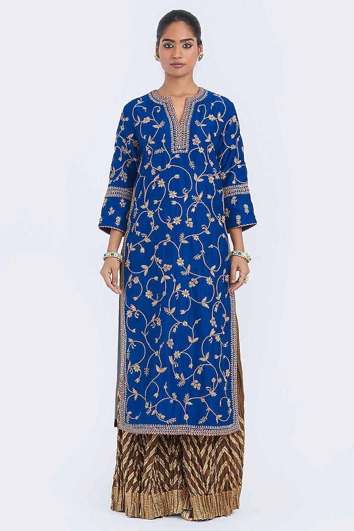 Chelsea Blue Silk Chanderi Jaal Embroidered Kurta by Kora at Pernia's Pop Up Shop