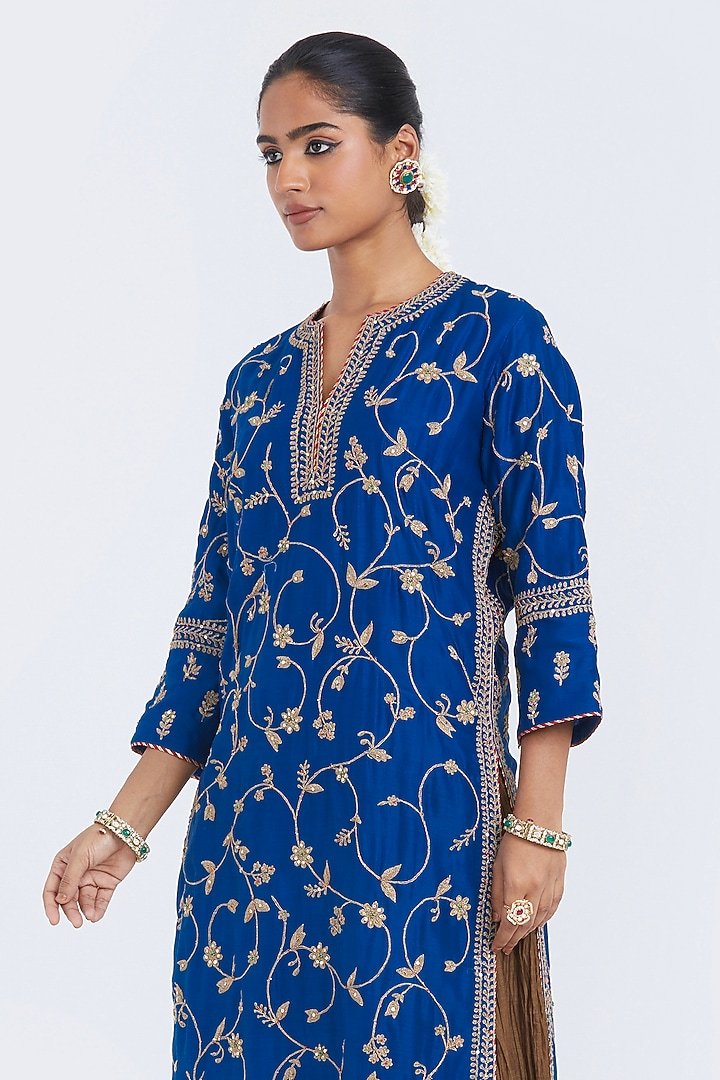 Chelsea Blue Silk Chanderi Jaal Embroidered Kurta by Kora at Pernia's Pop Up Shop