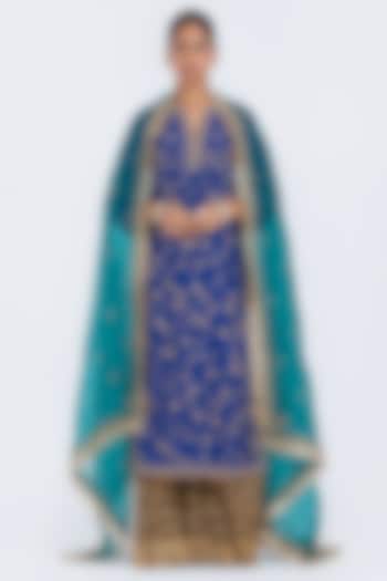 Chelsea Blue Silk Chanderi Jaal Embroidered Kurta Set by Kora at Pernia's Pop Up Shop