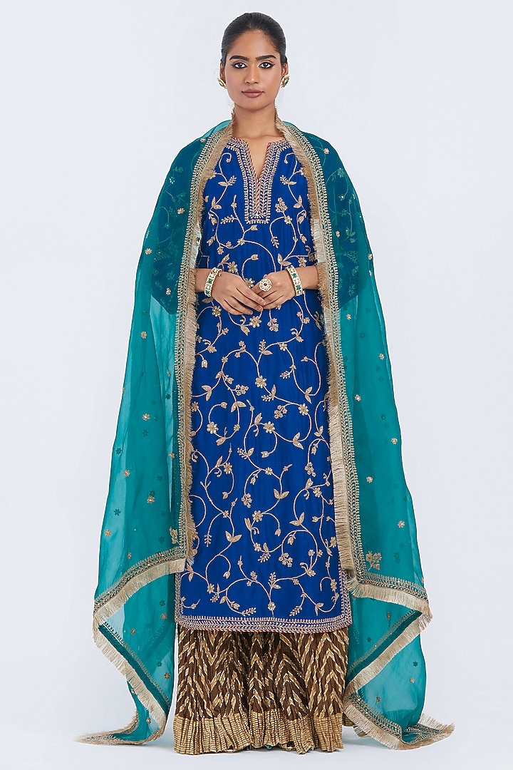 Chelsea Blue Silk Chanderi Jaal Embroidered Kurta Set by Kora at Pernia's Pop Up Shop