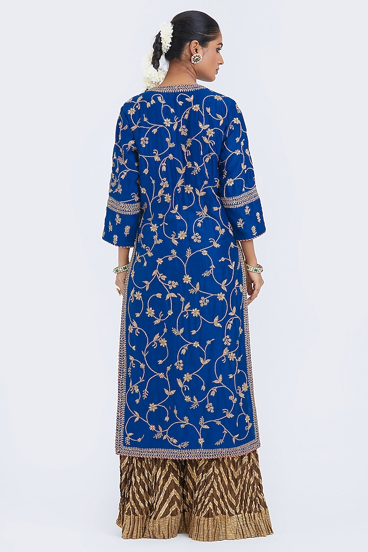 Chelsea Blue Silk Chanderi Jaal Embroidered Kurta Set by Kora at Pernia's Pop Up Shop