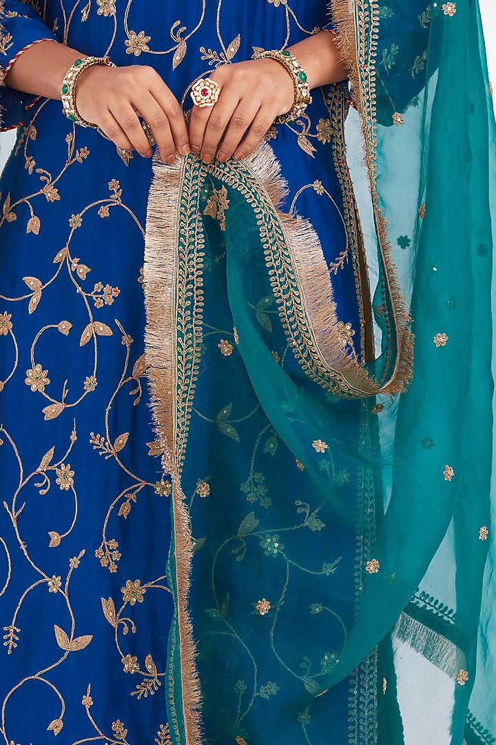 Chelsea Blue Silk Chanderi Jaal Embroidered Kurta Set by Kora at Pernia's Pop Up Shop