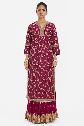 Red Silk Chanderi Dori Jaal Embroidered Kurta by Kora
