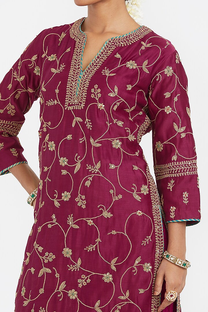 Red Silk Chanderi Dori Jaal Embroidered Kurta by Kora at Pernia's Pop Up Shop