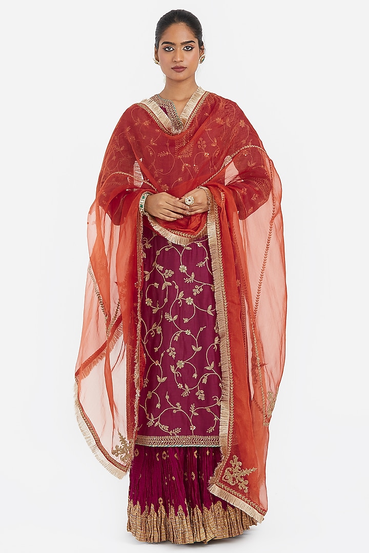 Red Silk Chanderi Wedding Lehenga Set by Kora at Pernia's Pop Up Shop