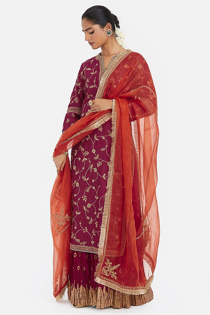 Red Silk Chanderi Wedding Lehenga Set by Kora at Pernia's Pop Up Shop
