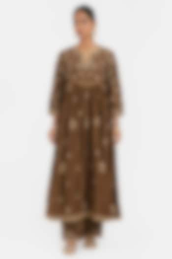 Olive Silk Chanderi Jaal Embroidered Kurta Set by Kora at Pernia's Pop Up Shop