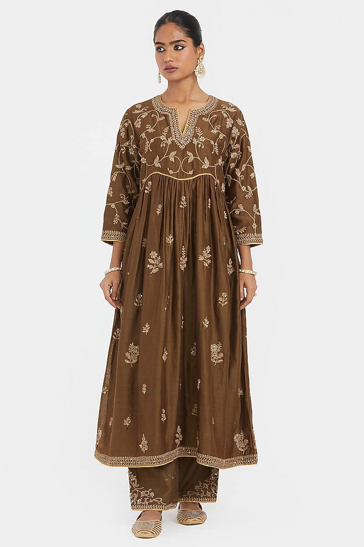 Olive Silk Chanderi Jaal Embroidered Kurta Set by Kora at Pernia's Pop Up Shop