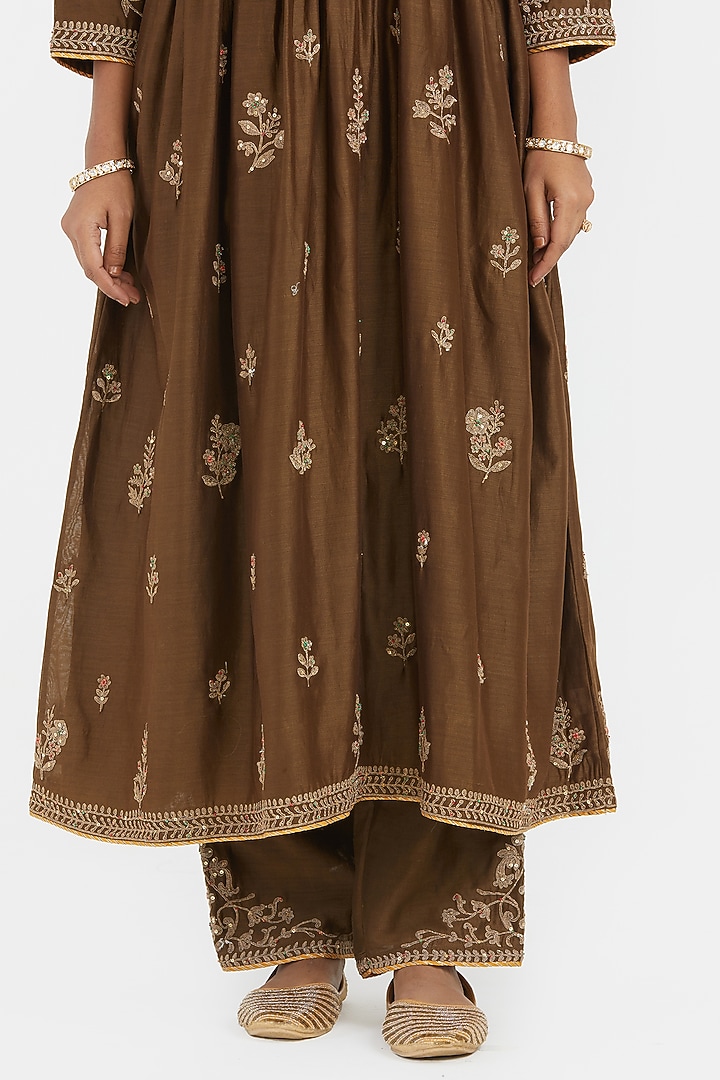 Olive Silk Chanderi Jaal Embroidered Kurta Set by Kora at Pernia's Pop Up Shop