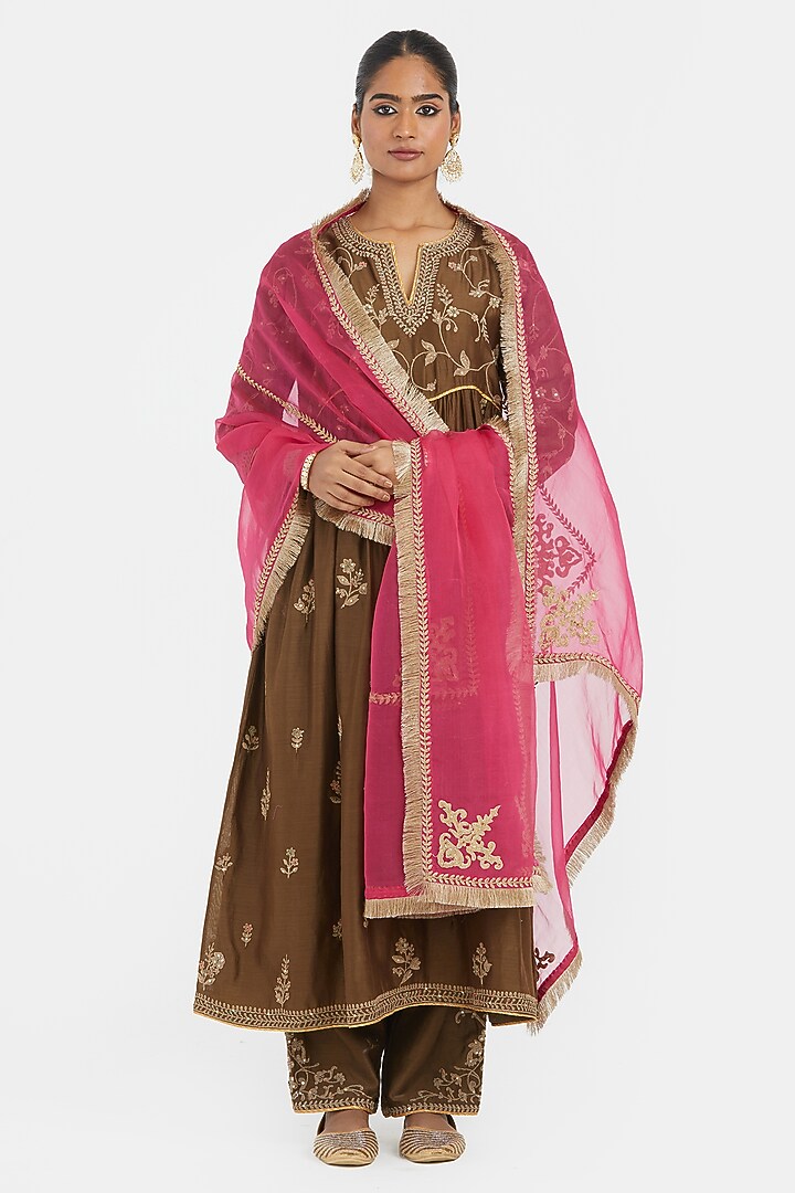 Olive Silk Chanderi Jaal Embroidered Kurta Set by Kora at Pernia's Pop Up Shop