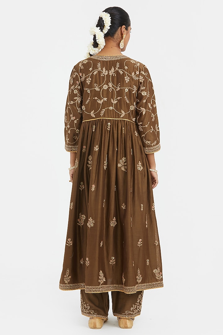 Olive Silk Chanderi Jaal Embroidered Kurta Set by Kora at Pernia's Pop Up Shop