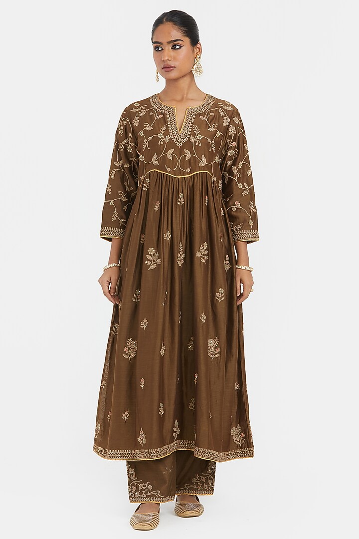 Olive Silk Chanderi Jaal Embroidered Kurta Set by Kora at Pernia's Pop Up Shop