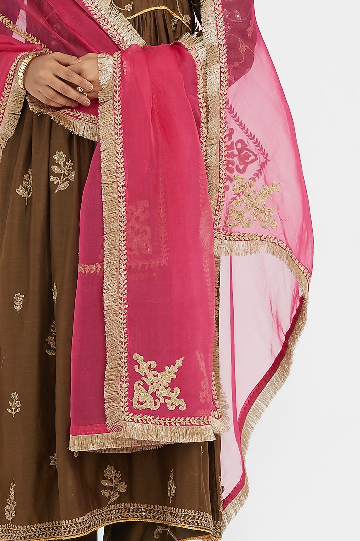 Olive Silk Chanderi Jaal Embroidered Kurta Set by Kora at Pernia's Pop Up Shop