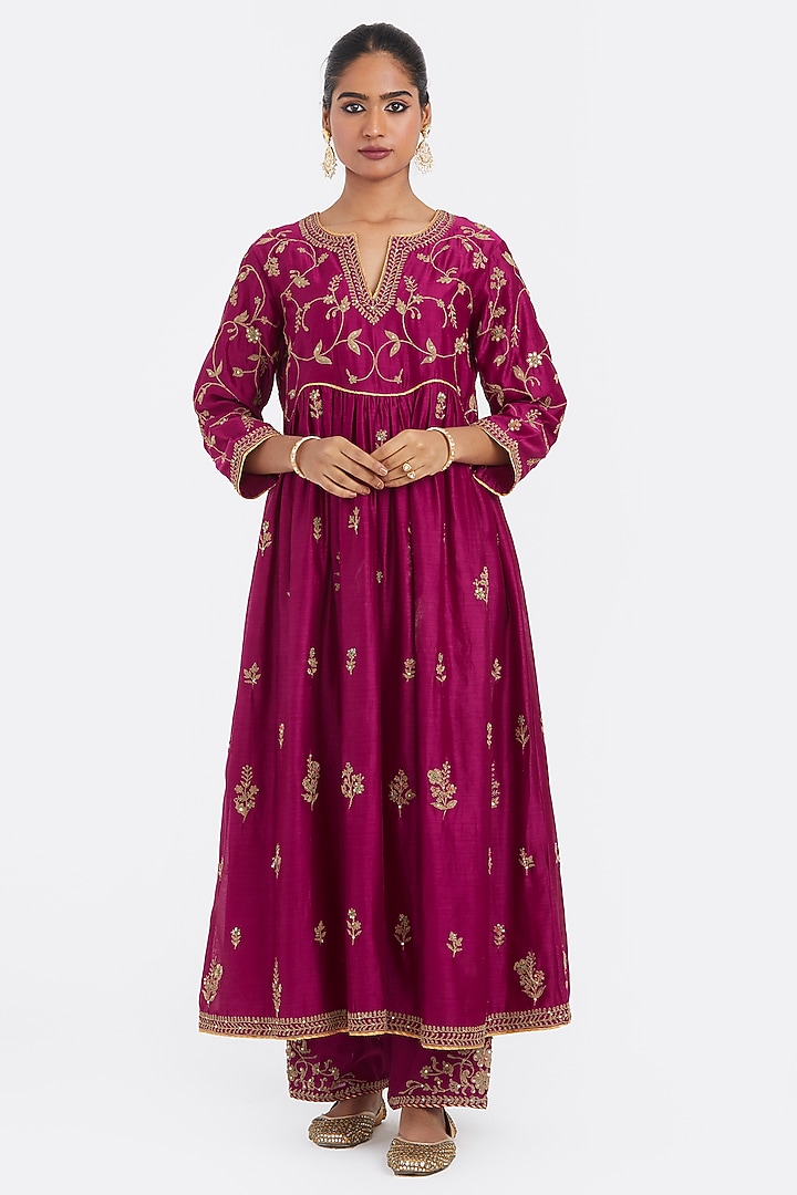 Deep Fuchsia Silk Chanderi Dori Jaal Embroidered Kurta by Kora at Pernia's Pop Up Shop