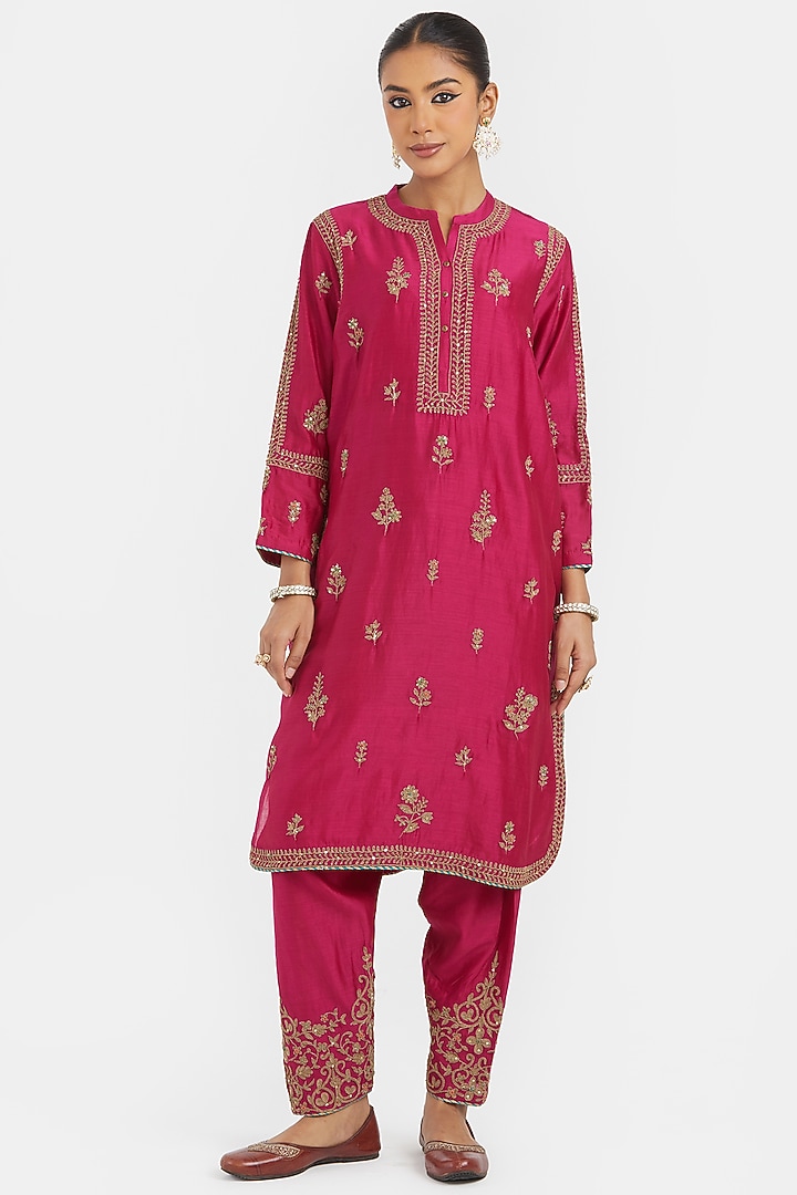 Fuchsia Silk Chanderi Sequins Embroidered Short Kurta  by Kora at Pernia's Pop Up Shop
