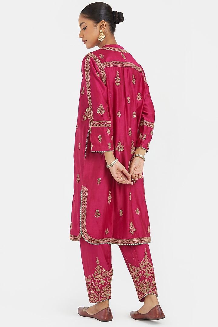 Fuchsia Silk Chanderi Sequins Embroidered Short Kurta  by Kora at Pernia's Pop Up Shop