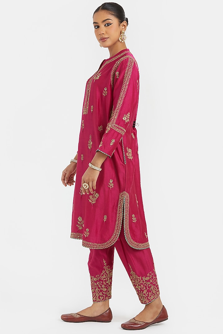 Fuchsia Silk Chanderi Sequins Embroidered Short Kurta  by Kora at Pernia's Pop Up Shop