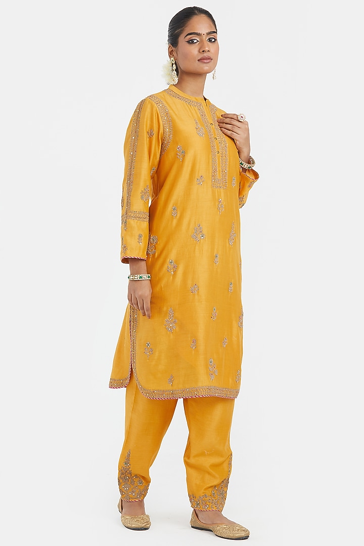 Deep Yellow Silk Chanderi Sequins Embroidered Short Kurta by Kora at Pernia's Pop Up Shop